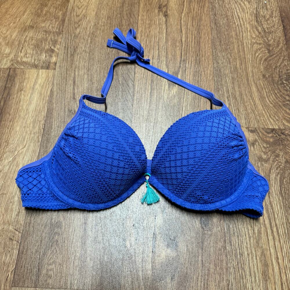 Aerie Women’s Blue Lace Underwire Push Up Halter Bikini Top Size 36C Tassel